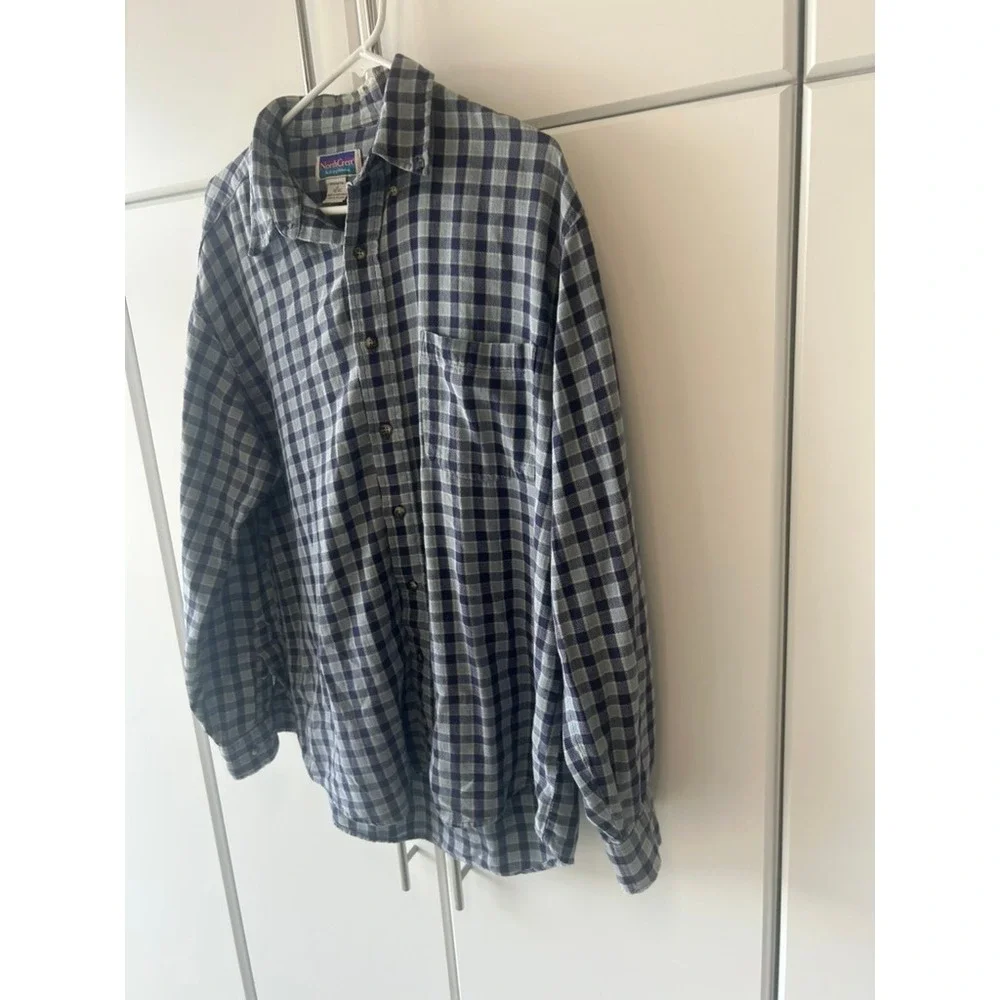 NorthCrest Mens Blue Grey Plaid Long Sleeve Cotton‎ Button Down Shirt LT 42-44